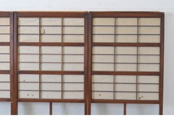 アンティーク建具　腰板欅(ケヤキ)材　風情のある佇まいが魅力的な裏障子付き幅狭格子戸4枚セット(引き戸、障子戸、ガラス帯戸)(R-065548)