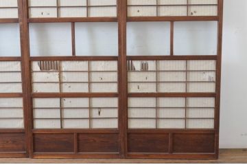 アンティーク建具　腰板欅(ケヤキ)材　風情のある佇まいが魅力的な裏障子付き幅狭格子戸4枚セット(引き戸、障子戸、ガラス帯戸)(R-065548)