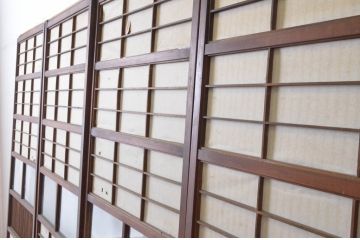 アンティーク建具　腰板欅(ケヤキ)材　風情のある佇まいが魅力的な裏障子付き幅狭格子戸4枚セット(引き戸、障子戸、ガラス帯戸)(R-065548)