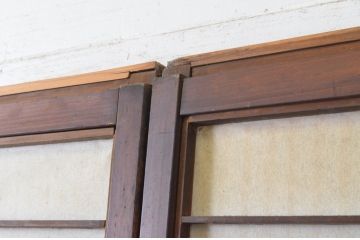 アンティーク建具　腰板欅(ケヤキ)材　風情のある佇まいが魅力的な裏障子付き幅狭格子戸4枚セット(引き戸、障子戸、ガラス帯戸)(R-065548)