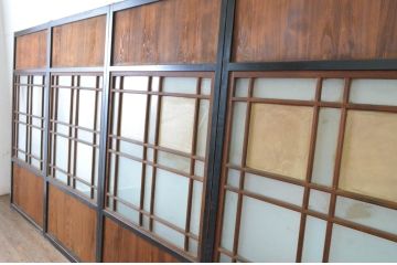 アンティーク建具　大正ロマン　レトロモダンな雰囲気漂うガラス帯戸4枚セット(ガラス戸、板戸、引き戸)(R-065549)