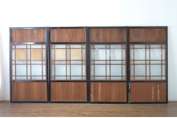 アンティーク建具　大正ロマン　レトロモダンな雰囲気漂うガラス帯戸4枚セット(ガラス戸、板戸、引き戸)(R-065549)