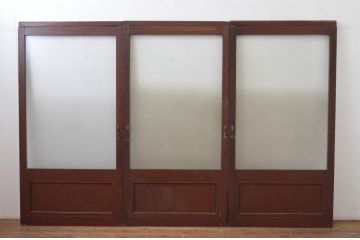 アンティーク建具　大正ロマン　味わいのある木味が魅力の大判ガラス戸3枚セット(引き戸)(R-065556)