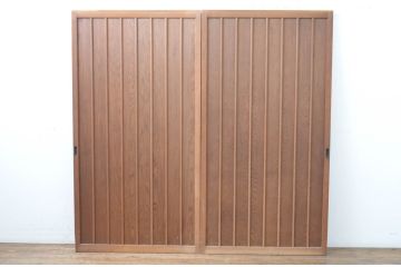 アンティーク建具　鏡付き　どこか懐かしい雰囲気を感じる升目格子戸2枚セット(きつね格子、狐格子、引き戸、マス目、板戸)(R-065558)