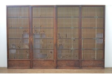 アンティーク建具　希少デザイン!!横桟が真鍮(しんちゅう)製の幅狭格子戸4枚セット(引き戸、格子戸、障子戸、裏障子)(R-065564)