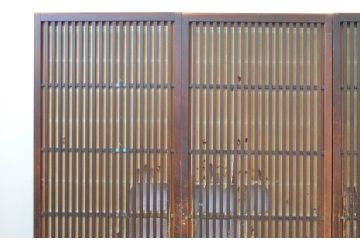アンティーク建具　希少デザイン!!横桟が真鍮(しんちゅう)製の幅狭格子戸4枚セット(引き戸、格子戸、障子戸、裏障子)(R-065564)