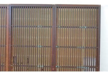 アンティーク建具　希少デザイン!!横桟が真鍮(しんちゅう)製の幅狭格子戸4枚セット(引き戸、格子戸、障子戸、裏障子)(R-065564)