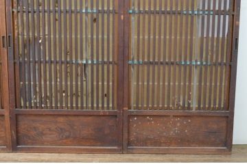 アンティーク建具　希少デザイン!!横桟が真鍮(しんちゅう)製の幅狭格子戸4枚セット(引き戸、格子戸、障子戸、裏障子)(R-065564)