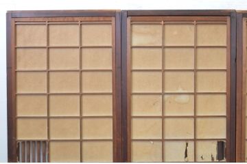 アンティーク建具　希少デザイン!!横桟が真鍮(しんちゅう)製の幅狭格子戸4枚セット(引き戸、格子戸、障子戸、裏障子)(R-065564)