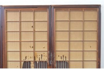 アンティーク建具　希少デザイン!!横桟が真鍮(しんちゅう)製の幅狭格子戸4枚セット(引き戸、格子戸、障子戸、裏障子)(R-065564)