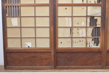 アンティーク建具　希少デザイン!!横桟が真鍮(しんちゅう)製の幅狭格子戸4枚セット(引き戸、格子戸、障子戸、裏障子)(R-065564)