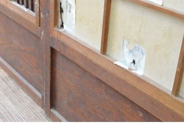 アンティーク建具　希少デザイン!!横桟が真鍮(しんちゅう)製の幅狭格子戸4枚セット(引き戸、格子戸、障子戸、裏障子)(R-065564)