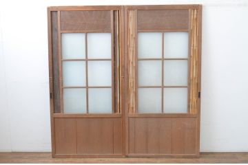 アンティーク建具　上手物!!　和の空間づくりにお勧めな古い数寄屋のガラス戸2枚セット(引き戸、板戸)(R-065570)