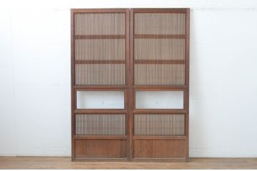 アンティーク建具　和の風情が感じられる裏障子付きの幅狭格子戸2枚セット(引き戸、障子戸)(R-065572)