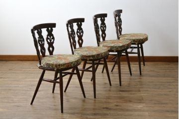 イギリスビンテージ　ERCOL(アーコール)　上品な佇まいのシスルバックチェア4脚セット(ダイニングチェア、椅子、イス、板座チェア、ウィンザーチェア、ウインザーチェア、ヴィンテージ、英国)(R-065625)