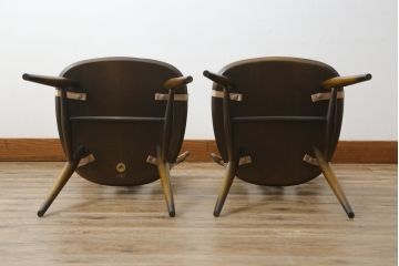 イギリスビンテージ　ERCOL(アーコール)　クッション付き　上品な佇まいのシスルバックチェア2脚セット(ダイニングチェア、椅子、イス、板座チェア、ウィンザーチェア、ウインザーチェア、ヴィンテージ、英国、バラ売り可能)(R-065626)