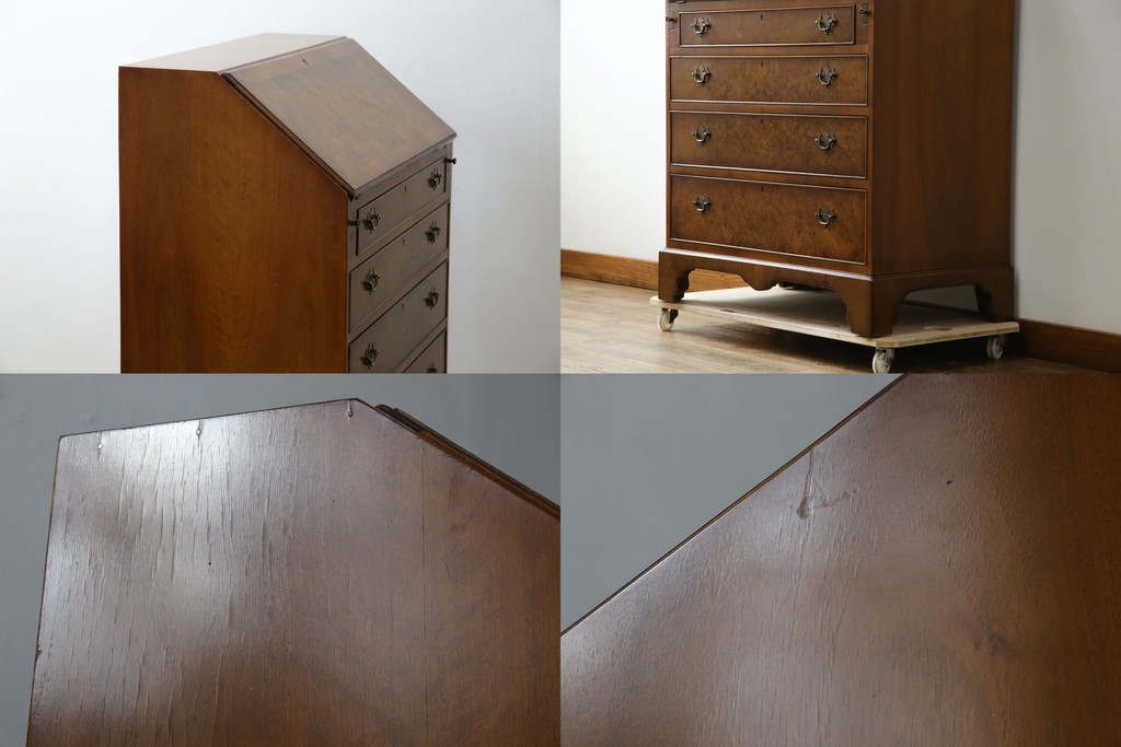 イギリスアンティーク　バーズアイ(鳥眼杢)の杢目が美しいライティングビューロー　(R-065648)