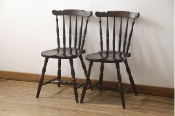 中古　美品　松本民芸家具　上品な佇まいが魅力のSP型スピンドルチェア2脚セット(板座チェア、椅子、イス、ダイニングチェア)(R-065716)