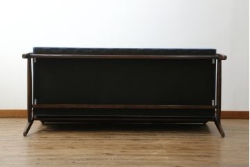 中古　松本民芸家具　#301型曲肘布張イス　上品なブルーカラーが空間のアクセントになる3人掛けソファ(3P、三人掛け、トリプルソファ、アームソファ)(定価約48万円)(R-065776)