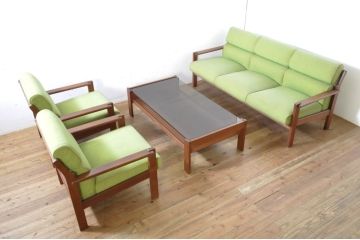 和製ビンテージ　日田工芸　チーク材　鮮やかなグリーンカラーが空間のアクセントになる1人掛けソファ2脚セット(1P、一人掛け、アームチェア、椅子、イス、ヴィンテージ、バラ売り可能)(R-065807)
