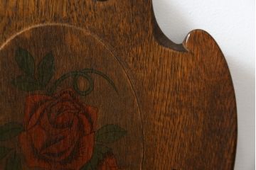 和製ビンテージ　希少!!　カントリーハウス(秋山木工)　オーク材　薔薇が素敵に描かれたチェア(ダイニングチェア、板座チェア、椅子、イス、ヴィンテージ)(R-065889)