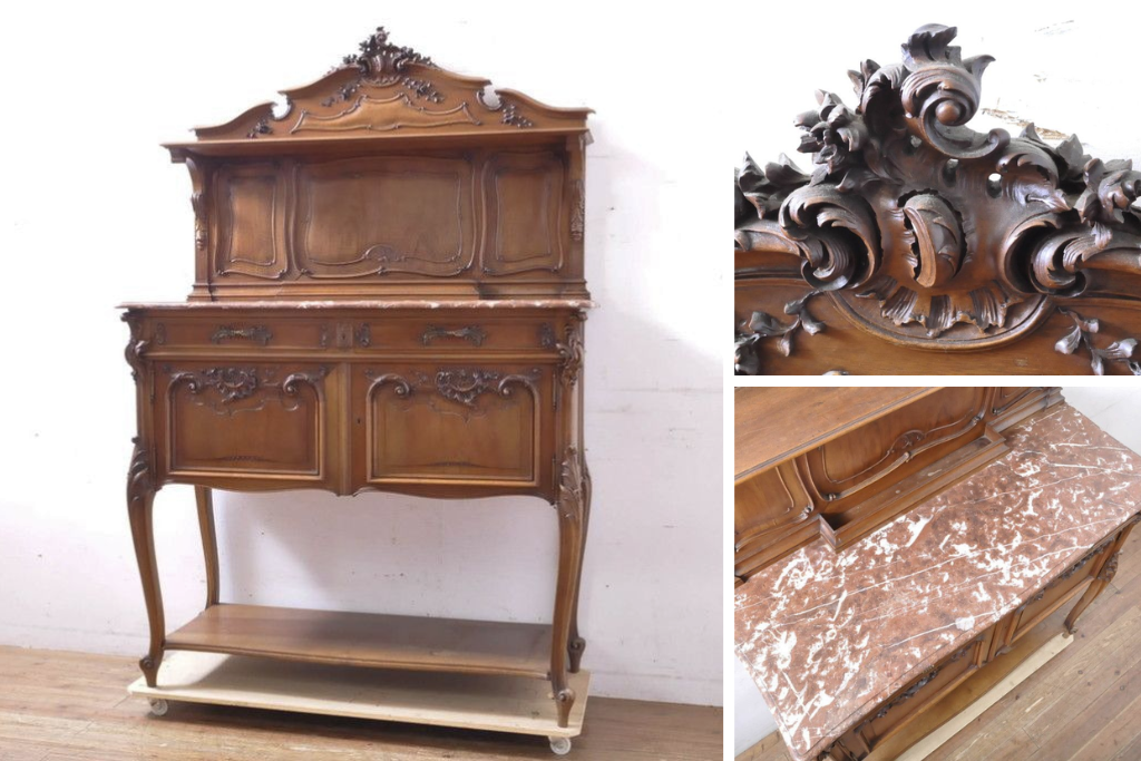 フランスアンティーク　ウォールナット材　大理石天板と素晴らしい彫刻のホールキャビネット　(R-065896)