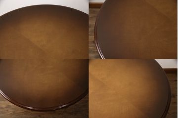 和製ビンテージ　柏木工(KASHIWA)　上品な挽物デザインが魅力!!低めサイズのラウンドテーブル+ダイニングチェア4脚セット(ダイニングテーブル、4人掛け、椅子、イス、いす、食卓、板座チェア、アームチェア、ヴィンテージ)(R-065899)