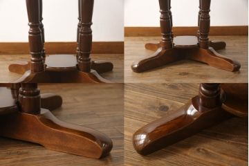 和製ビンテージ　柏木工(KASHIWA)　上品な挽物デザインが魅力!!低めサイズのラウンドテーブル+ダイニングチェア4脚セット(ダイニングテーブル、4人掛け、椅子、イス、いす、食卓、板座チェア、アームチェア、ヴィンテージ)(R-065899)