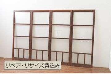 アンティーク建具　レトロなモールガラス入りの幅狭ガラス戸4枚セット(引き戸)(R-065988)