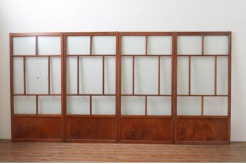 アンティーク建具　大正ロマン　上品な色合いとくっきりした木目が目を引くガラス戸4枚セット(引き戸)(R-065996)