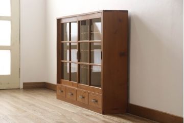 和製ビンテージ　昭和レトロ　使い勝手の良いサイズが魅力の薄型収納棚(サイドボード、サイドキャビネット、本箱、ブックケース、戸棚、飾り棚、ヴィンテージ)(R-066067)