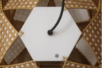 和製ビンテージ　希少な廃盤品　YAMAGIWA(ヤマギワ)　近藤昭作　竹のあかり　幾何学模様のようなデザインがお洒落な竹あんどんの天井照明(行灯、行燈、吊り下げ照明、ペンダントライト、シェード、電笠、ヴィンテージ)(R-066091)