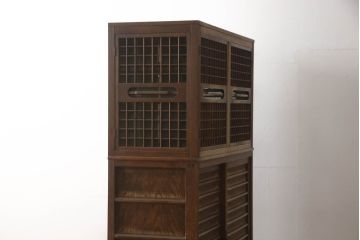 和製アンティーク　上手物!!　檜(ヒノキ)材　上質なつくりが魅力の蠅帳付き水屋箪笥(ハイチョウ、ハエチョウ、はえ帳、はい帳、収納棚、重ね戸棚、キャビネット、食器棚、茶箪笥、茶棚、時代箪笥)(R-066204)