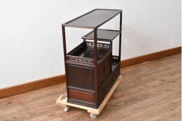 和製ビンテージ　高級品　指物工芸家具　総紫檀(シタン)材　漆塗り　小振りなサイズが使いやすい!!連なる縦桟がスッキリした印象の飾り棚　(R-066231)