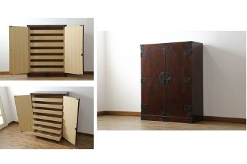 中古　岩谷堂民芸　鶴の金具が華やかさを演出する衣装箪笥(岩谷堂箪笥、岩谷堂タンス、衣装箪笥、観音箪笥、和たんす、収納箪笥、整理タンス、着物箪笥、衣装盆、引き出し)(R-066243)