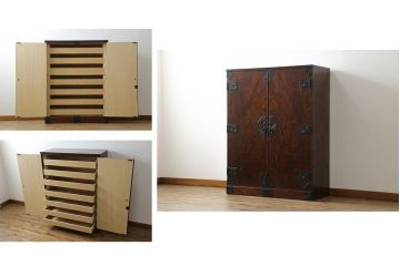 中古　岩谷堂民芸　鶴の金具が華やかさを演出する衣装箪笥(岩谷堂箪笥、岩谷堂タンス、衣装箪笥、観音箪笥、和たんす、収納箪笥、整理タンス、着物箪笥、衣装盆、引き出し)(R-066244)