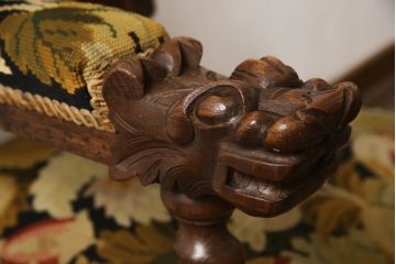 ベルギーアンティーク　オーク材　素晴らしい彫刻デザインが魅力!!豪華なゴブラン織りアームチェア(ダイニングチェア、ハイバックチェア、椅子、イス)(R-066250)