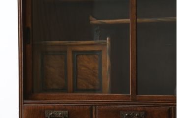 和製アンティーク　上手物!!　和洋折衷　大正ロマンデザイン　前面欅(ケヤキ)材　玉杢と黒柿材がアクセントの二段重ね茶箪笥(茶棚、食器棚、収納棚、戸棚、飾り棚、引き出し、違い棚)(R-066383)