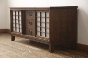 ラフジュ工房オリジナル　古建具リメイク　和の風情漂わせる障子戸ローボード(リビングボード、テレビ台、テレビボード、収納棚、戸棚)(R-066468)