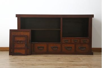 中古　タモ材　黒柿材　和の趣溢れる佇まいが魅力の水屋箪笥サイドボード(テレビ台、テレビボード、収納棚、戸棚、サイドキャビネット、引き出し、食器棚)(R-066470)