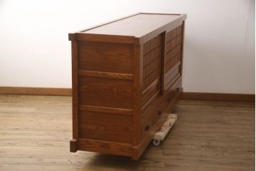 中古　楡(ニレ)材　総無垢材　美しい木目と品のある佇まいが魅力の水屋箪笥サイドボード(引き出し、収納棚、戸棚、食器棚)(R-066507)
