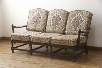 イギリスビンテージ　ERCOL(アーコール)　Old Colonial(オールドコロニアル)シリーズ　クラシカルなファブリックが格調高い雰囲気を醸し出す3人掛けソファ(三人掛けソファ、3P、トリプルソファ、アームソファ、英国、北欧、ヴィンテージ)(R-066513)