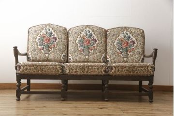 イギリスビンテージ　ERCOL(アーコール)　Old Colonial(オールドコロニアル)シリーズ　クラシカルなファブリックが格調高い雰囲気を醸し出す3人掛けソファ(三人掛けソファ、3P、トリプルソファ、アームソファ、英国、北欧、ヴィンテージ)(R-066513)