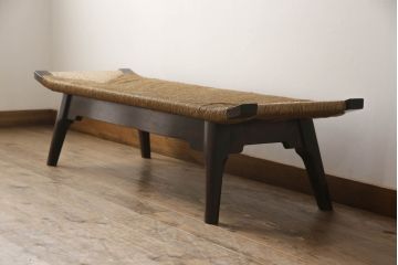 和製ビンテージ　松本民芸家具　ラッシ座面が涼し気な印象の#519型長スツール(ヴィンテージ、ベンチ、長椅子、長イス)(定価約29万円)(R-066555)