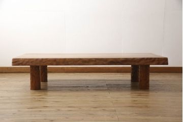 和製ビンテージ　重厚!!　天板一枚板　総欅(ケヤキ)無垢材の杢目が美しい座卓(ローテーブル、センターテーブル、ヴィンテージ)(R-066557)