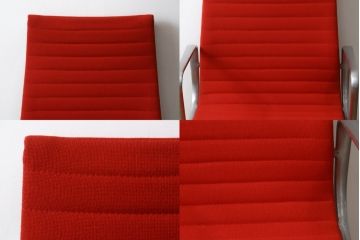 アメリカビンテージ　Hermanmiller(ハーマンミラー社)　Eames Aluminum Group(イームズアルミナムグループ)　エグゼクティブチェア　鮮やかなレッドカラーが空間を彩る回転チェアとオットマンのセット(回転椅子、回転イス、アームチェア、オフィスチェア、フットスツール、ヴィンテージ)(定価約55万円)(R-066558)