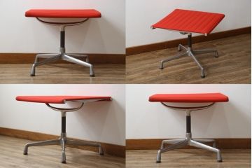 アメリカビンテージ　Hermanmiller(ハーマンミラー社)　Eames Aluminum Group(イームズアルミナムグループ)　エグゼクティブチェア　鮮やかなレッドカラーが空間を彩る回転チェアとオットマンのセット(回転椅子、回転イス、アームチェア、オフィスチェア、フットスツール、ヴィンテージ)(定価約55万円)(R-066558)