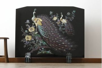中古　民芸家具　花鳥図　孔雀　表現力の高さが窺える螺鈿細工の衝立て(つい立て、衝い立て、仕切り、パーテーション)(R-066568)
