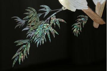 中古　民芸家具　花鳥図　孔雀　表現力の高さが窺える螺鈿細工の衝立て(つい立て、衝い立て、仕切り、パーテーション)(R-066568)