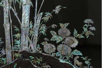 中古　民芸家具　花鳥図　孔雀　表現力の高さが窺える螺鈿細工の衝立て(つい立て、衝い立て、仕切り、パーテーション)(R-066568)